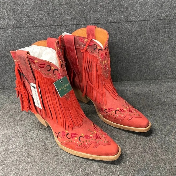 Buck & Brana Joelle Leather Red Cowgirl Boot Shoes - Red Suede Fringe Ankle Boots